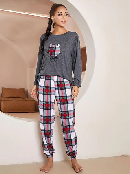 Pijamas femininos pijamas femininos conjunto de pijama feminino mangas compridas gato pliad camisetas e calças pijamas 2 peças cintura elástica feminino pijamas casa terno 231206