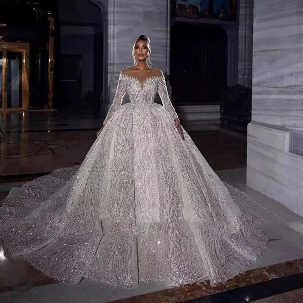 Luxuoso glitter lantejoulas mangas compridas vestidos de casamento 2024 dubai princesa querida vestido de noiva capela trem vestido de noiva