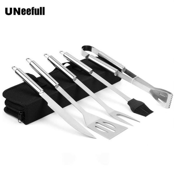 5 pçs conjunto de aço inoxidável utensílio para churrasco grill conjunto ferramentas ao ar livre cozinhar kit churrasco com saco transporte acampamento churrasco acessórios ferramentas t20263u