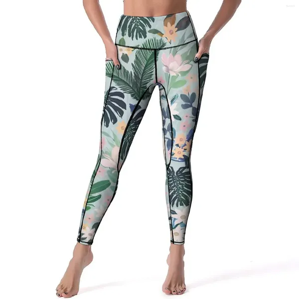 Leggings da donna Foglia verde floreale tropicale Pantaloni da yoga da palestra a vita alta Leggins vintage Collant sportivi dal design ad asciugatura rapida Regalo di compleanno