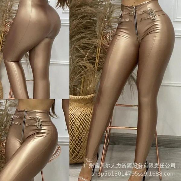 Damenhose Öse Reißverschluss Metallic Skinny Frauen Sexy Bleistift Hohe Taille Leggings Hose Dicke Slim Fit Lange Hose Capris Herbst