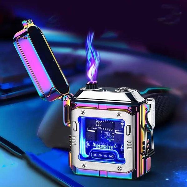 Metall Transparent Shell Doppel Arc Typ-C Feuerzeug Im Freien Wasserdichte Puls Plasma Flammenlose Power Display Elektrische Feuerzeuge Geschenk