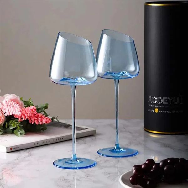 Copos de vinho 2 pcs 580ml artesanal taça de cristal boca oblíqua flamingo champanhe copo azul festival casal presente drinkware 231205