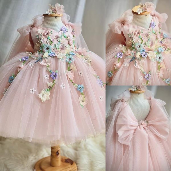 Rosa flor menina vestidos para casamento pérolas appliqued sem costas criança pageant vestidos tule na altura do joelho vestido de baile crianças vestido de aniversário