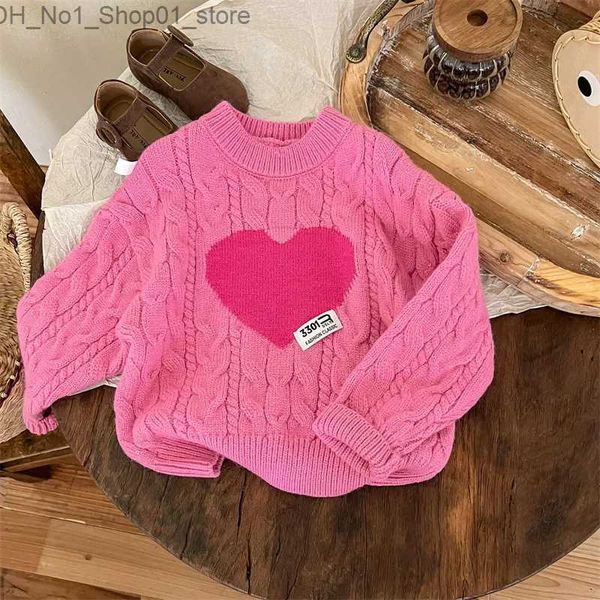 Cardigan ragazze maglioni 2023 autunno inverno rosa amore jacquard manica lunga lavorata a maglia per bambini ragazze pullover bambini ragazze maglieria Q231206