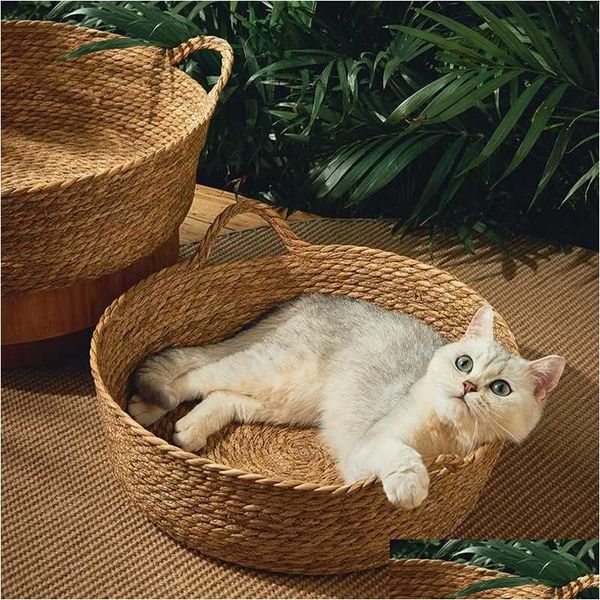 Portadores de gatos caixas casas transportadoras pet cama maca mão tecido rattan esteira redonda verão fresco cesta ninho slee pequeno gatinho gota deli dhsps