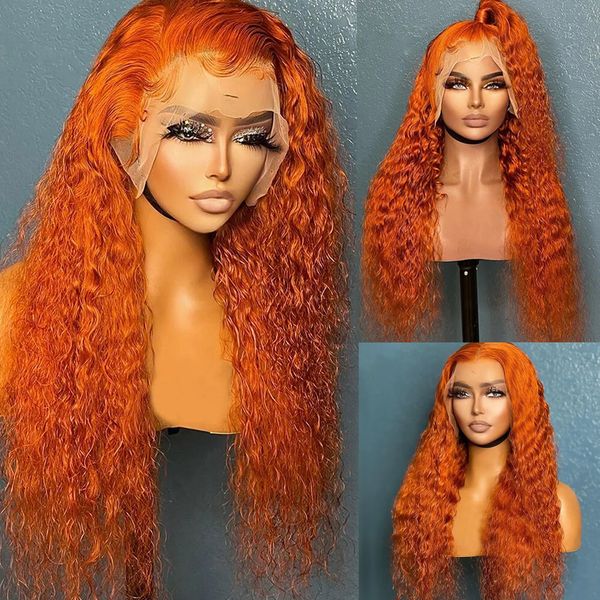 180density Brazilian Ginger Orange Curace Front Wig Deep Wave Curly Full Lace Front Simulation человеческие парики волосы водяной волны HD Кружевое парик