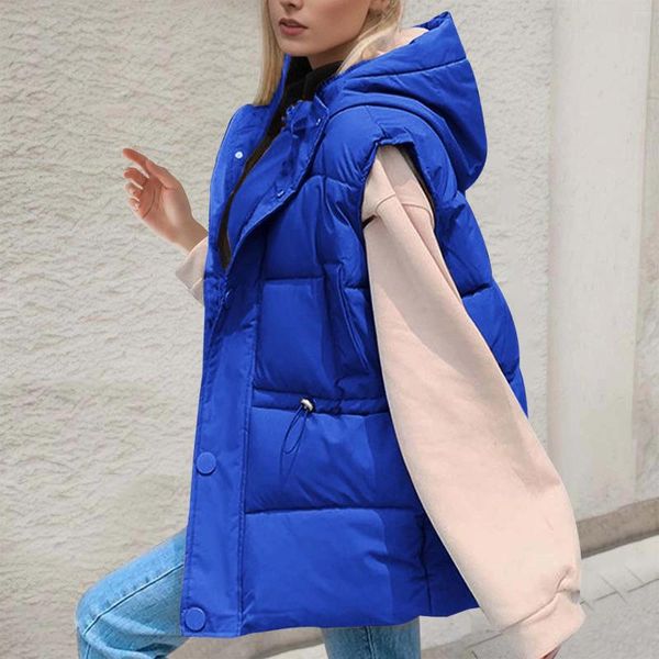 Coletes femininas inverno moda azul real sem mangas com capuz colete mulheres outono plus size espessado quente outerwear acolchoado jaqueta