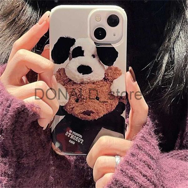 Cas de téléphone portable Coréen Mignon Ours Chien Couple Téléphone Cas Pour iPhone 15 14 13 12 11 Pro Max Mini X XR 7 8 Plus SE 3 Brillant Antichoc Couverture Souple J231206