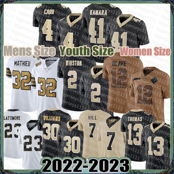 Marshon Lattimore Jameis Winston Futebol Jerseys New Orleanses Saintes 4 Derek Carr Alvin Kamara Tyrann Mathieu Chris Olave Michael Thomas Jamaal Williams S01