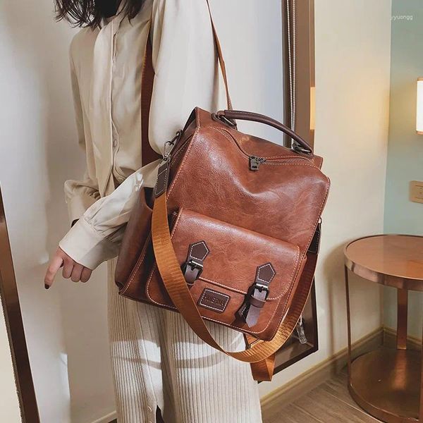 Mochila 2023 na moda feminina vintage pu couro marrom mochila casual saco de viagem retro estudante escola senhoras ombro