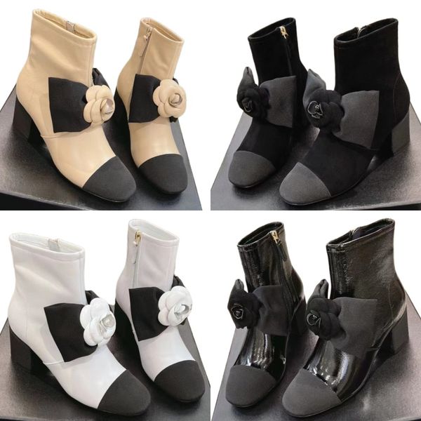 Stivali con papillon fiore scarpe firmate da donna stivali di moda di marca di lettera stivali mezze invernali di lusso stivaletti in vera pelle tacco grosso scarpe da esterno cerniera laterale