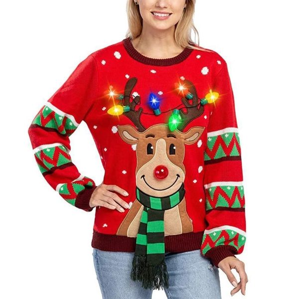Maglieria da donna T-shirt da donna Colorate LED illuminate maglione di Natale Cartoon renna vacanza manica lunga maglieria casual pullover maglione top 231206
