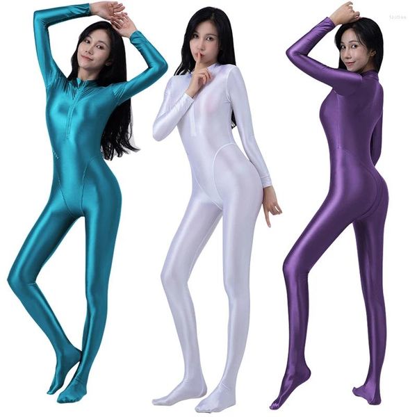 Mulheres de banho sexy frente zíper óleo collants brilhante suave de uma peça maiô mulheres yoga playsuit ternos catsuits bodysuit wetsuit plus size