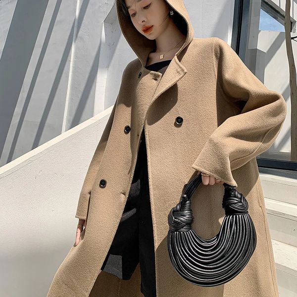 Venditore di misto lana da donna 100 Ipertrofia spessa doppio petto Indossare un cappello Cappotto Casual Bellissimo temperamento di lana allungato Donna 231206