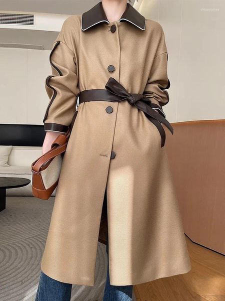 Женский кожаный плащ из овчины в стиле пэчворк, осень-зима 2023, трендовая высококачественная длинная шерстяная куртка с поясом
