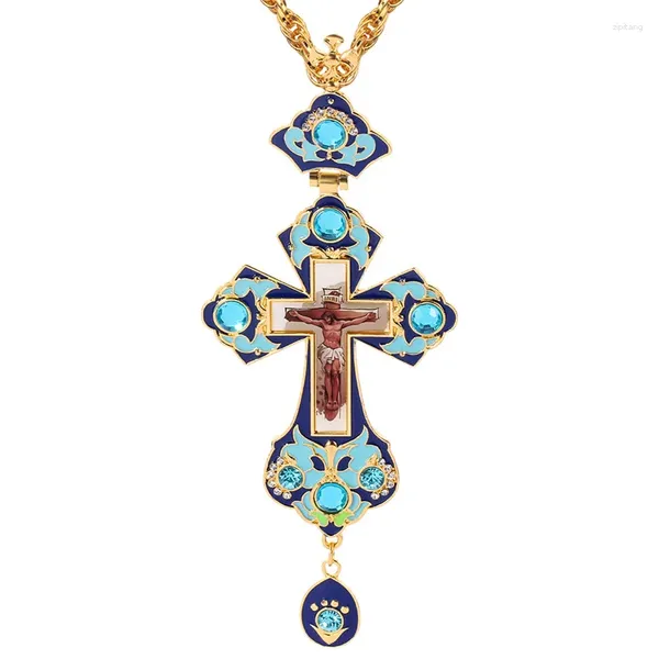 Pingente colares punk cruz peitoral ortodoxa jesus crucifixo pingentes jóias corrente azul strass esmalte cor de ouro colar cristão