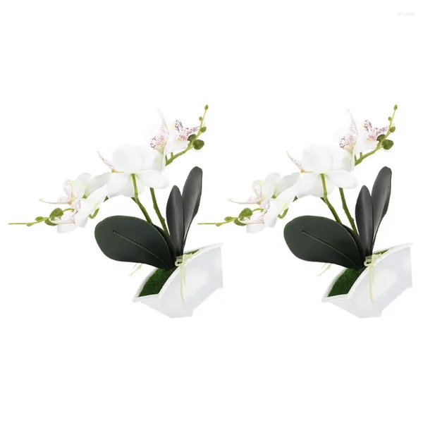 Flores decorativas 2 pçs simulação phalaenopsis orquídeas artificiais planta falsa bonsai emulado vaso de flores plástico pequeno