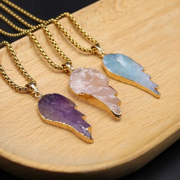 Colares Pingente Natural Pedra Semi Preciosa Aquamarine Rose Quartz Folha Forma Colar Banhado A Ouro Borda Para Mulheres Jóias