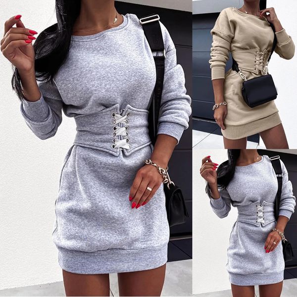 Urban Sexy Dresses Damen Knielanges Taschenkleid mit Kapuze, warmes Sweat-Shirt, lange Ärmel, seitlicher Reißverschluss, einfacher lässiger Sportrock 2023 231206