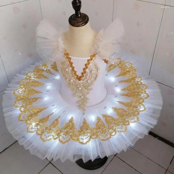 Bühne tragen weißes professionelles Ballett-Tutu mit LED-Licht, Schwanensee-Mädchen-Ballerina-Kleid, Kinder-Party-Kostüme