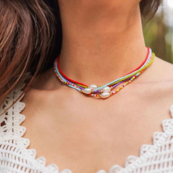 Anhänger natürliches Süßwasser Barock Perlen Halskette glänzende farbenfrohe Glasperlen Boho Choker Anhänger Kragen Frauen Schmuck