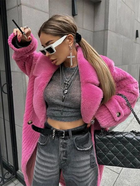 Mulheres Fur Faux Rosa Lambswool Long Teddy Bear Jacket Casaco Mulheres Inverno Grosso Quente Oversized Rosa Vermelho Outerwear Casaco Senhora Casacos 231206