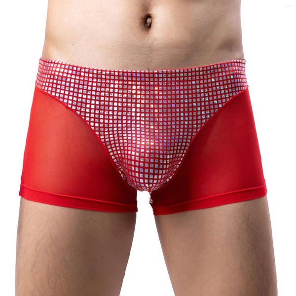 Cuecas masculinas metálicas transparentes shorts elástico cintura boxer briefs roupa interior baixa ascensão piscina festa roupa de banho clubwear