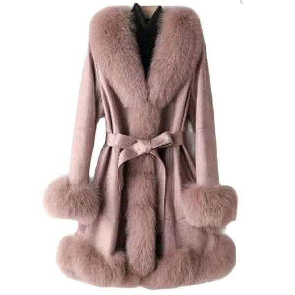 Pelliccia da donna Pelle sintetica Capelli Cappotto da donna One Body Slim Fit Colletto in finta volpe Cintura a maniche lunghe media Ricevi giacca in vita da donna 231206