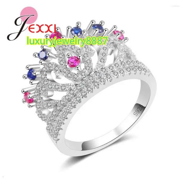 Cluster-Ringe, modisch, aushöhlen, Kronen-Design mit rundem, klarem, blauem/fuchsiafarbenem CZ-Stein, 925er Sterlingsilber-Ring, Geschenk für Frauen, Schmuck