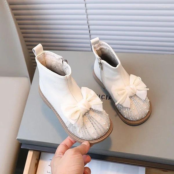 Stivali da ragazza di lusso invernali con perline glitterate con nastro bowknot in pile per bambini, stivaletti neri con cerniera beige, scarpe eleganti