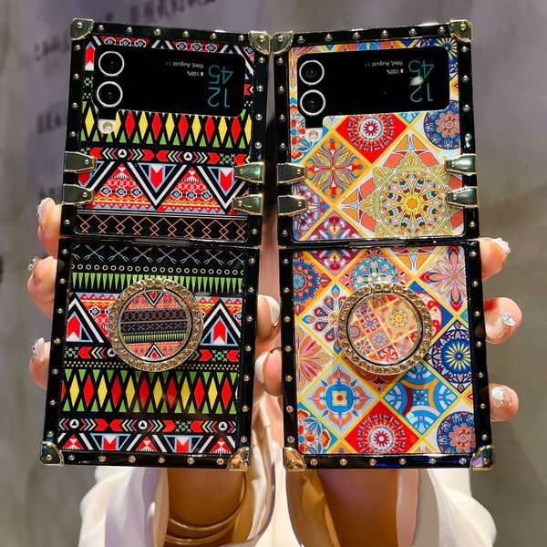 Capa de telefone Samsung Galaxy Z Flip 3/4/5, capa protetora de couro boêmia pintada de rua com suporte de anel protetor de smartphone à prova de choque