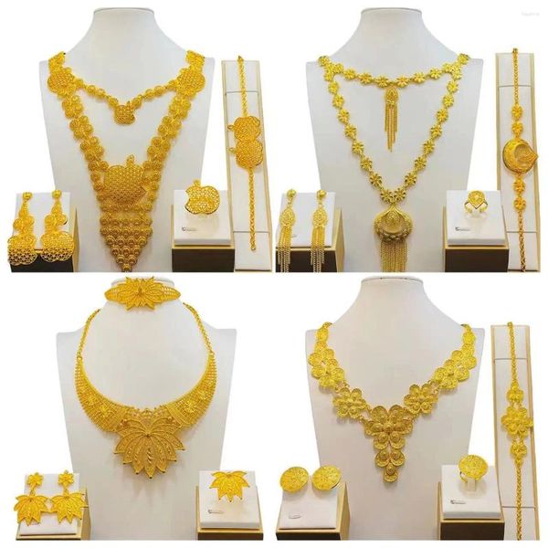 Conjunto de brincos de colar joias banhadas a ouro 24k Vietnã Dubai anel de ornamento de mão nupcial