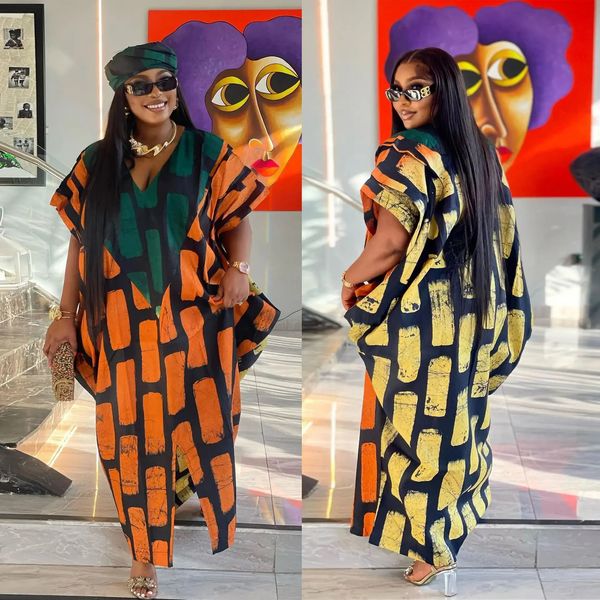 Abiti taglie forti 2024 Dashiki africano per le donne Autunno Africa manica corta scollo a V stampa poliestere abito lungo maxi Ankara S3XL 231206