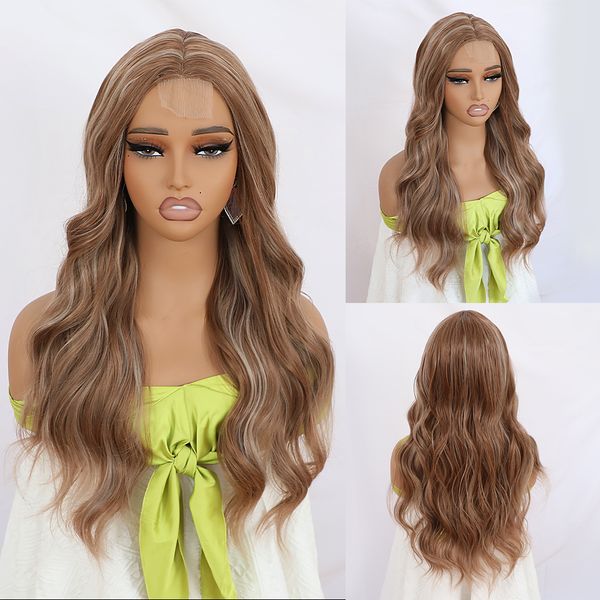 Lange, gewellte, blonde Highlights, Ombré-Perücke aus brasilianischem Echthaar, 55,9 cm, hitzebeständige synthetische Lace-Front-Perücke für schwarze Frauen, natürlicher, vorgezupfter Haaransatz