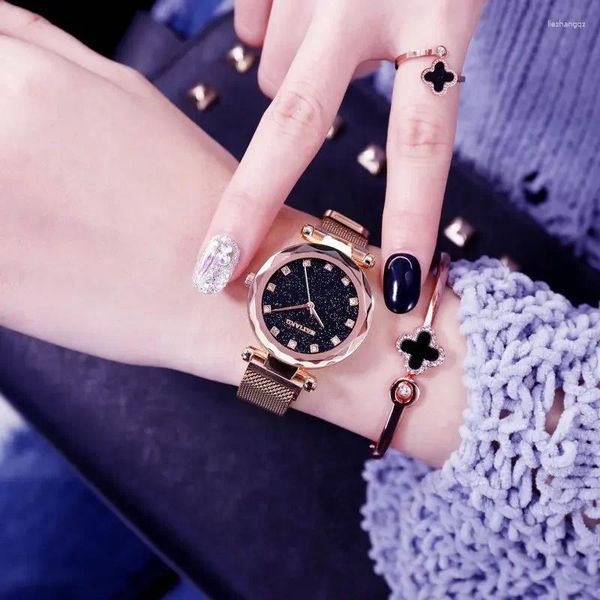 Relógios de pulso Tiktok Star Sky Watch Feminino Estudante Coreano Moda Lazer Malha Banda Magnetita