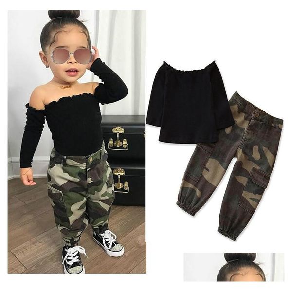 Conjuntos de roupas outono moda crianças bebê menina roupas conjunto preto manga longa off shoder t-shirt topsaddcamouflage bolso calças de carga outf dhbjj