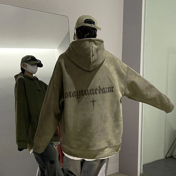 Mens Hoodies Sweatshirts Sonbahar Ağır Kalın Kalın Gevşek Kapüşonlu Taklit Süet Külot Amerikan Retro Marka Marka Marka Erkek ve Kadın Çift Sweatshirt 231206