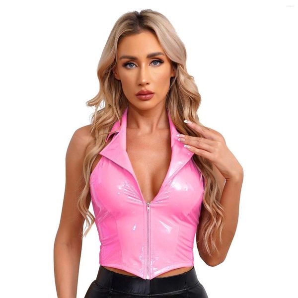 Tanques femininos Wetlook Mulheres Látex Couro Halter Camisole Festa Brilhante Colete Notch Lapel Profundo V Pescoço Zipper Slim Fit Colete Clubwear