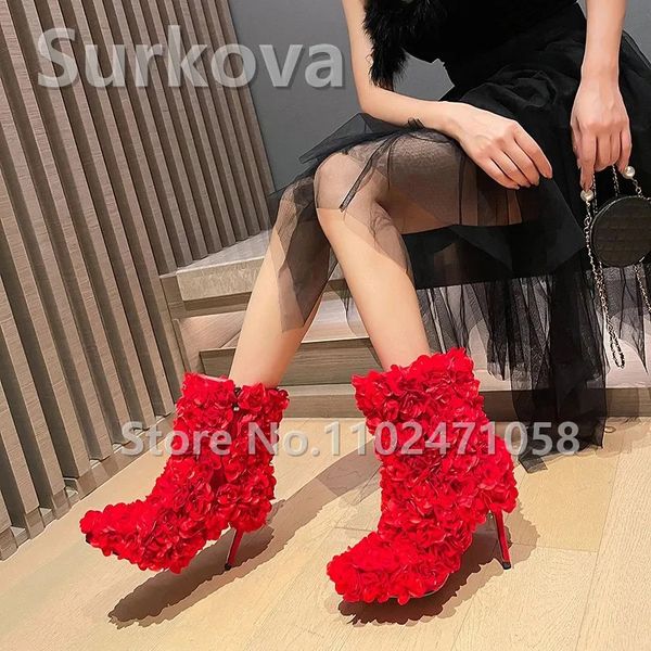 Botas Românticas Rosa Vermelha Embelezada Salto Alto Sapatos de Casamento Senhoras Apontadas Toe Side Zipper Tornozelo Mulheres Finas Curtas 231206