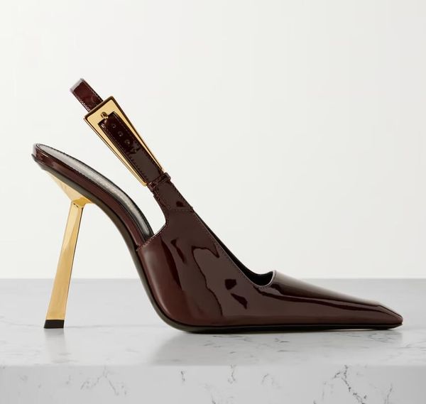 Sapatos de couro brilhante Sandálias sexy Lee embelezado com couro envernizado salto alto preto e dourado com salto pontiagudo e alça traseira sapatos 8/10cm
