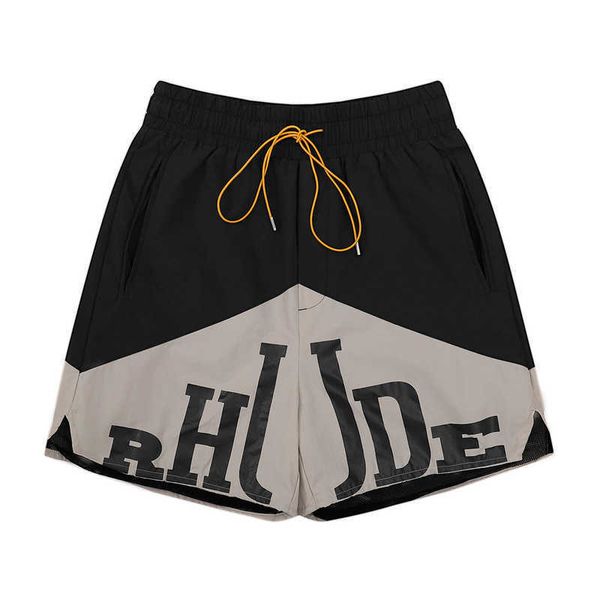 Trendy Rhude Color Contrast Print Stretch Drawstring Basketball Shorts Casual Malha Confortável Cortado para Homens e Mulheres