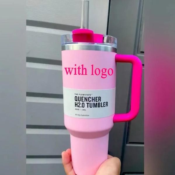 PINK Flamingo 40oz Quencher H2.0 Kaffeetassen Tassen Outdoor Camping Reisen Autotasse Edelstahlbecher Tassen mit Silikongriff Valentinstagsgeschenk 1206