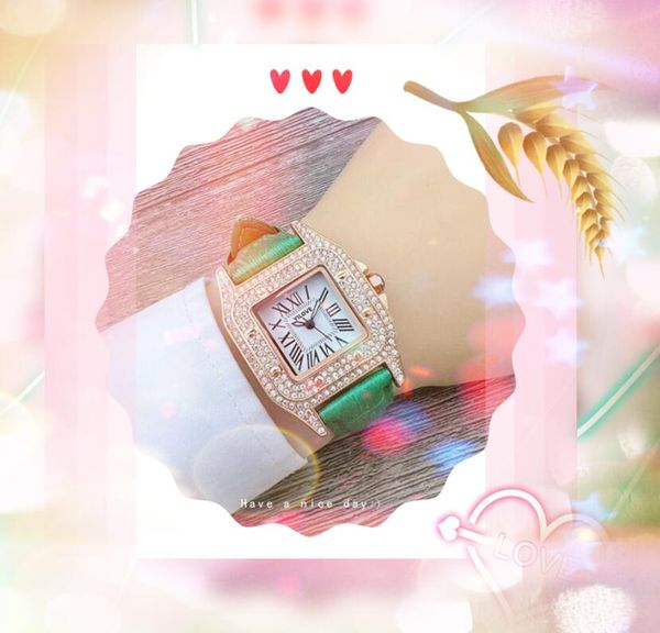 Orologio al quarzo americano di fascia alta da donna cinturino in pelle rosso rosa orologio impermeabile orologio pieno di diamanti anello per il tempo libero orologi ultra sottili quadrati con quadrante a carro armato romano