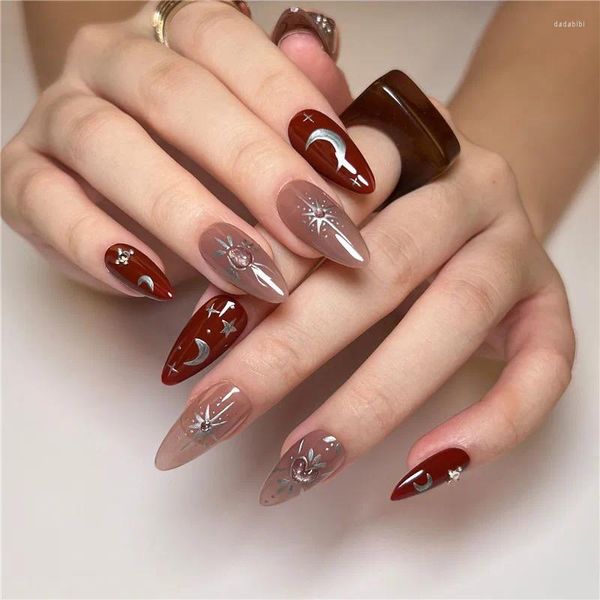 Unghie finte 24 pezzi Gothic Moon Star lunghe punte per unghie finte con copertura completa Premere su manicure fai-da-te Vintage francese mandorla artificiale