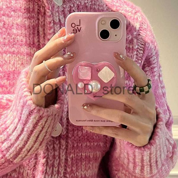 Casos de telefone celular coreano bonito ágata pérola gem amor coração suporte telefone caso para iphone 14 13 12 11 pro max x xr linda capa macia à prova de choque funda j231206