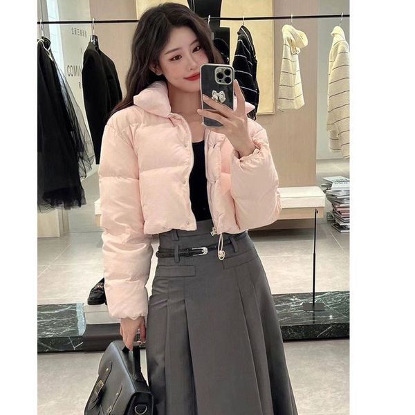 Новый дизайн, женское короткое пальто с воротником-стойкой, милое милое розовое пальто на белом утином пуху, парки SML