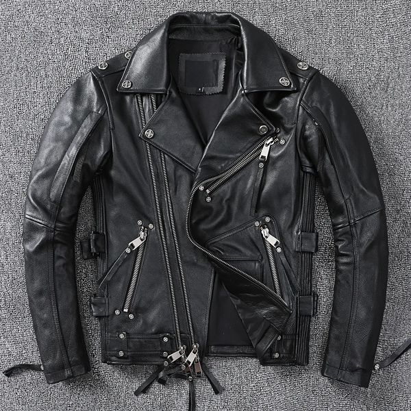 Herren Leder Kunstleder Schwarz Motorrad Lederjacke Herren Natürliches Echtes Rindsleder Slim Fit Vintage Braun Herren Biker Racer Jacken Schräger Reißverschluss S~9XL 231205