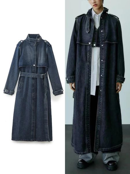Jaquetas femininas Zbza cinto denim trench coat moda rua tiro retro manga comprida outono e inverno elegante jaqueta feminina 231205