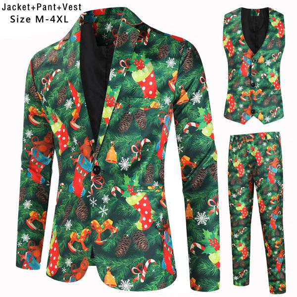 Ternos masculinos Blazers Plus Size 4XL Homens Ternos de Natal Conjuntos Blazer Colete Calças 3 Peça Festa Prom Árvore de Natal Imprimir Mens Xmas Blazers Jaqueta 231206